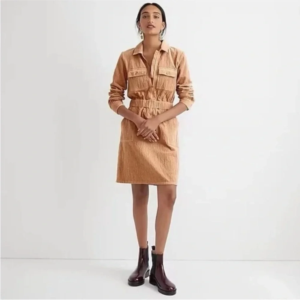 J. Crew Zip Front Cinched Waist Textured Corduroy Dress Pale Mocha Women Size 6